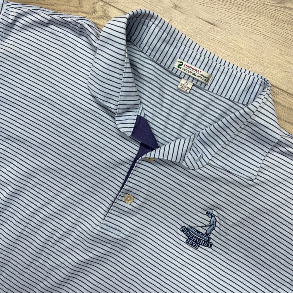 Peter Millar Polo Shirt Mens XL Blue Pinehurst No. 2 Striped MF15K113SPINE